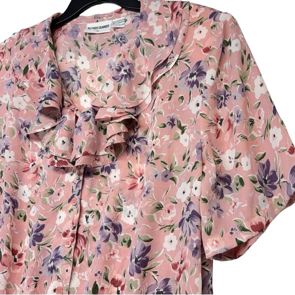 Alfred Dunner Vintage Pink Floral Ruffle Neckline Button down Blouse size 16 - Picture 3 of 10
